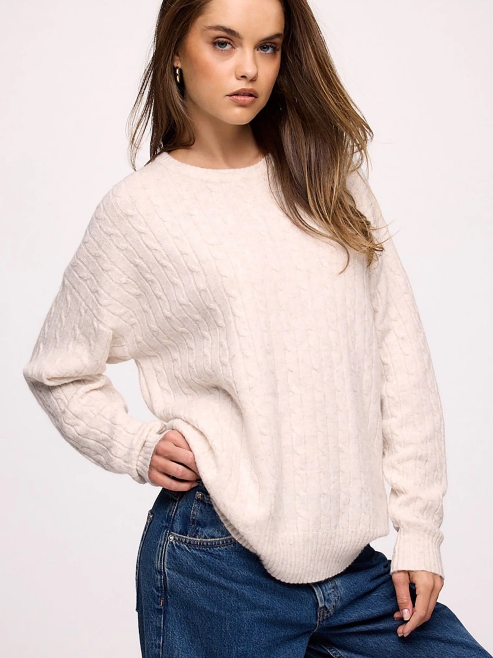 Nuuds | Cozy Knit Cable Crewneck Sweater sz S in Heather Bone